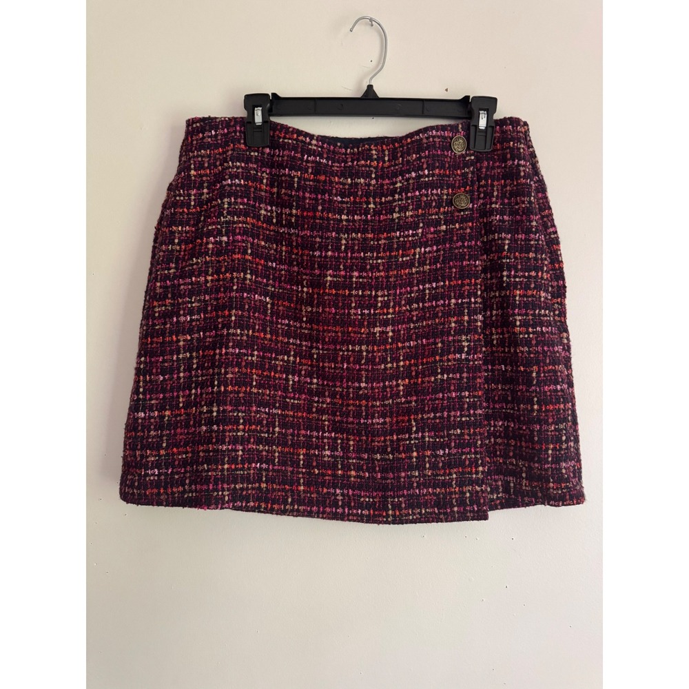 LOFT Tweed Mini Skirt Burgundy Multi Wrap Button Clueless Core 10 NEW